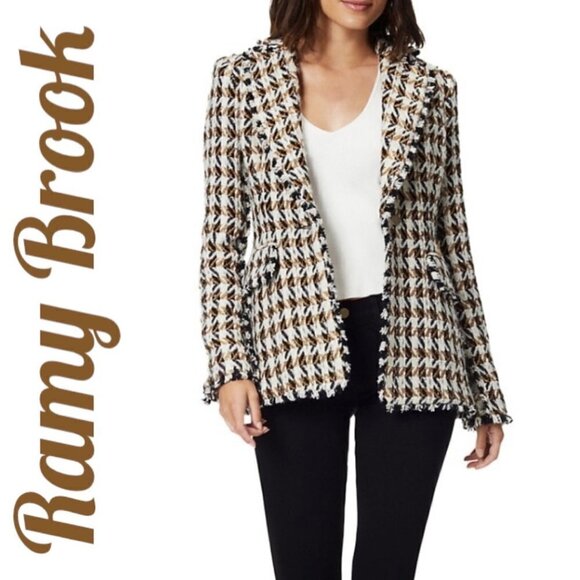 Ramy Brook Jackets & Blazers - NWT RAMY BROOK Mallary Gold Plaid Tweed Wool Blend Blazer Fringe Trim, Size 8